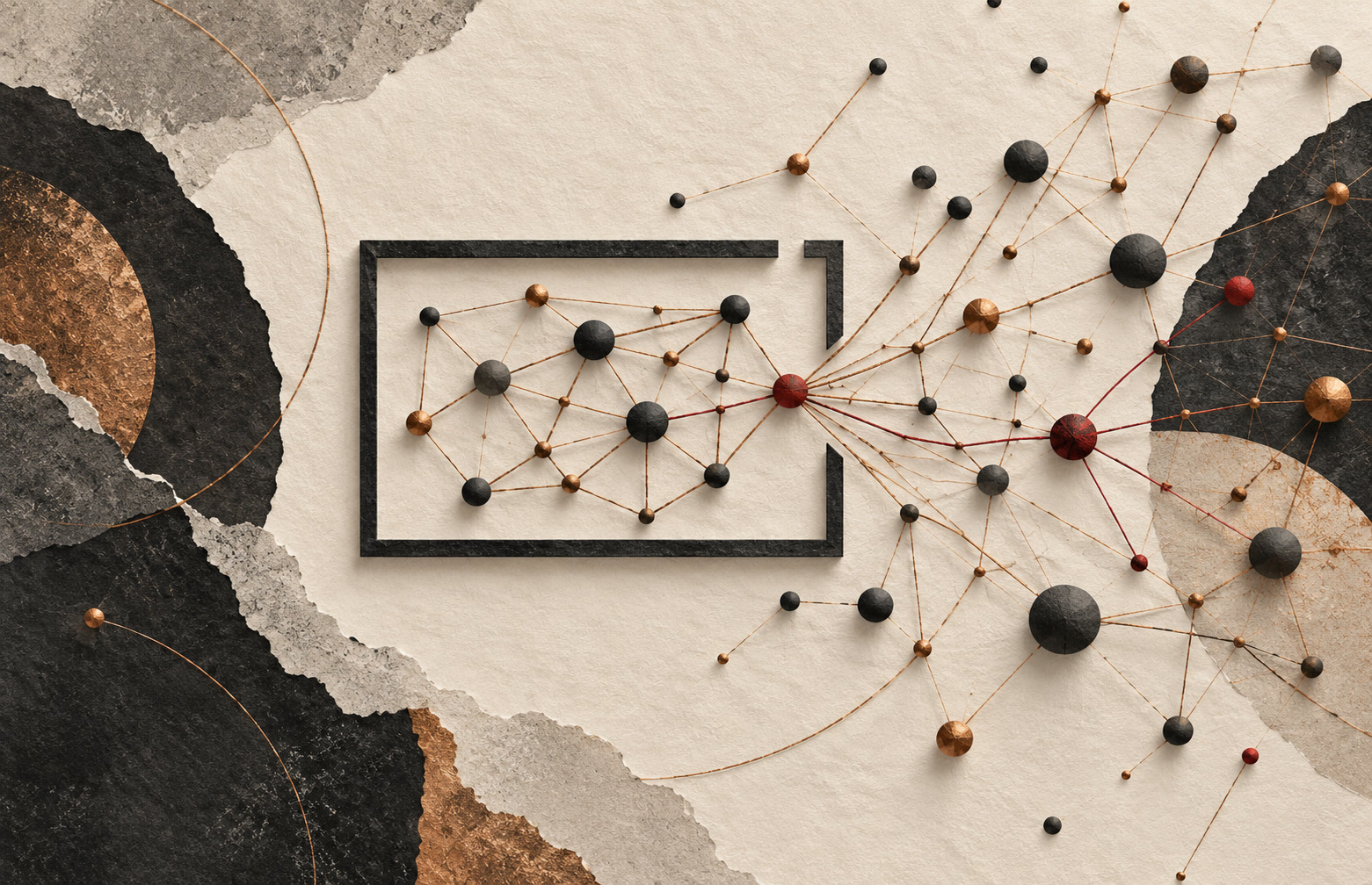 Illustration of interconnected charcoal and copper nodes spreading through a gap in a rectangular boundary.