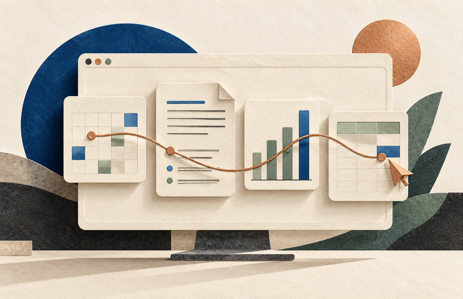 Illustration of a computer displaying paper-like calendar, document, chart and spreadsheet cards connected by a copper line.