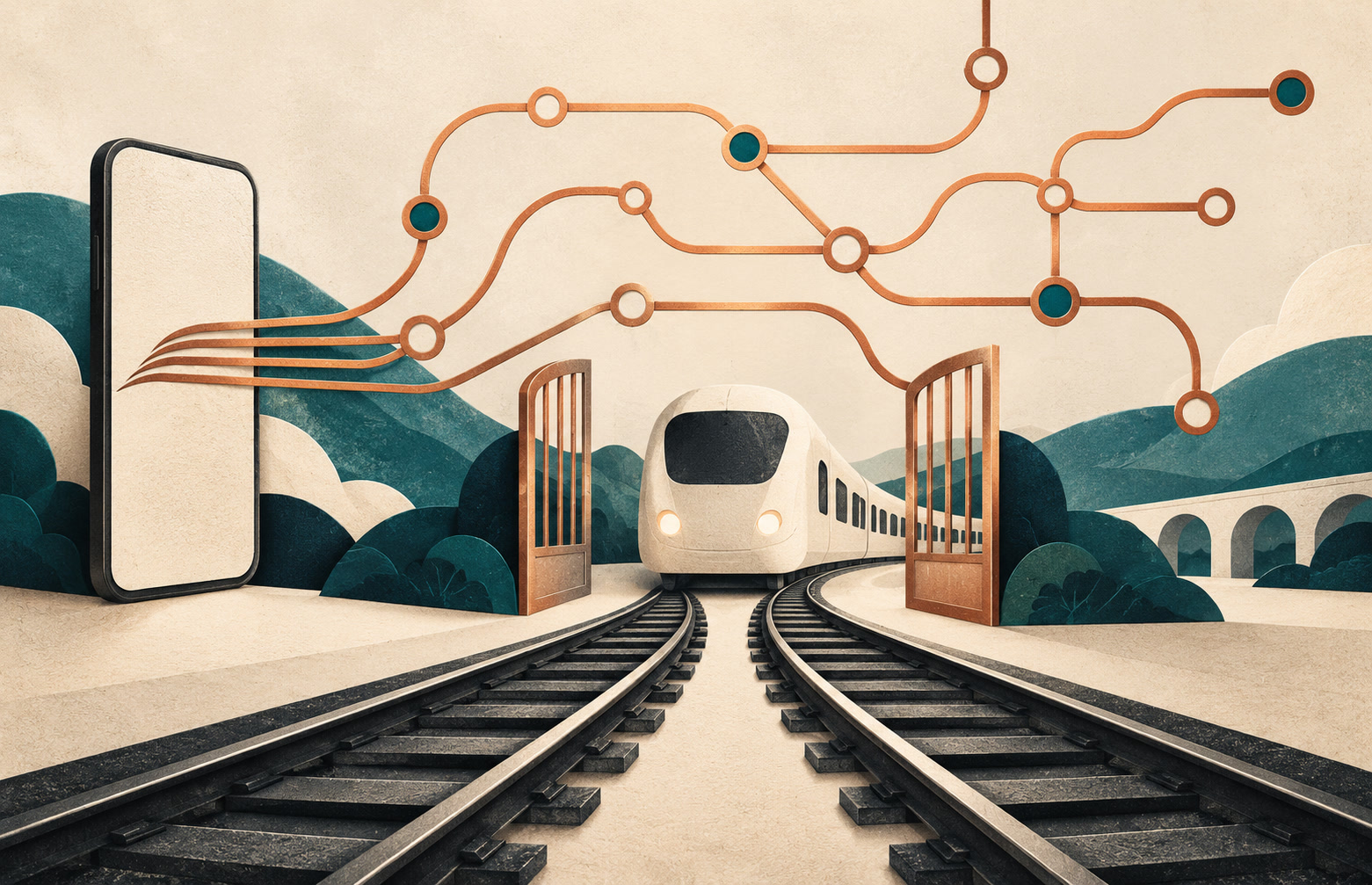 Illustration of a train passing through open gates beneath transit-map lines that extend from a smartphone.