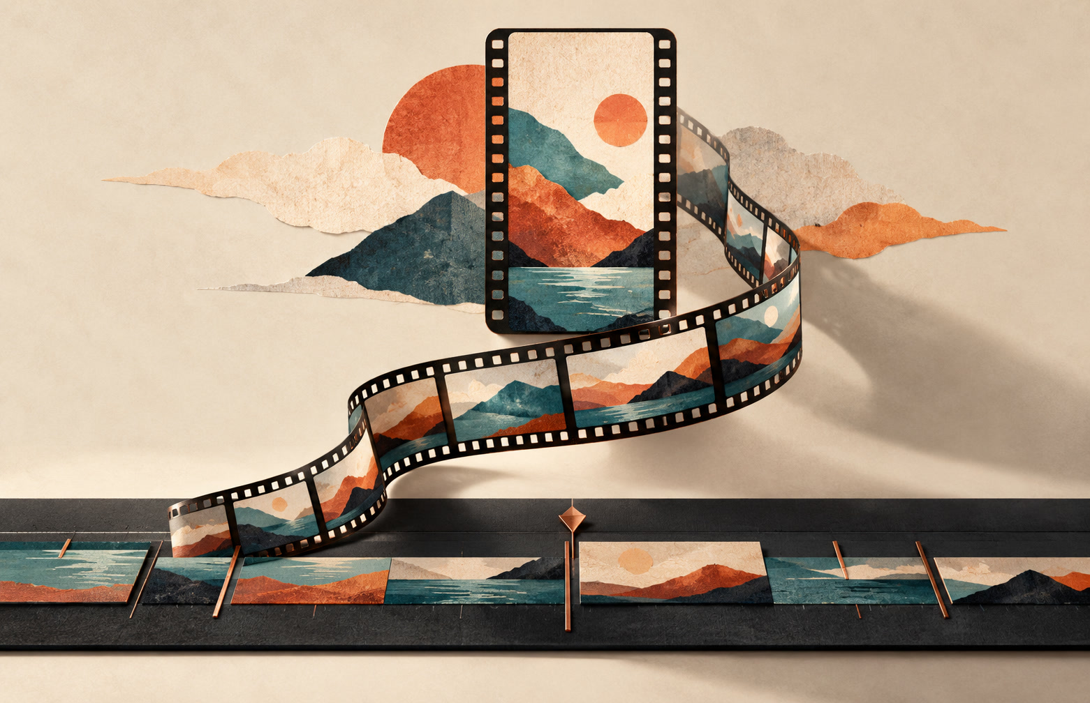 Illustration of a curling film strip rising from an editing timeline into a vertical frame filled with abstract landscapes.