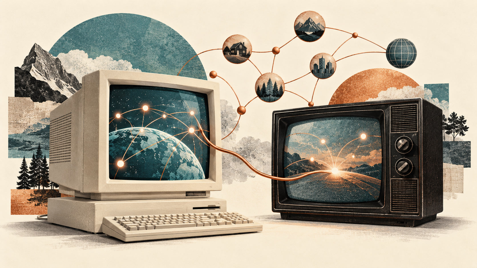 Illustration of a vintage desktop computer and television connected by copper cables and a network of glowing nodes.